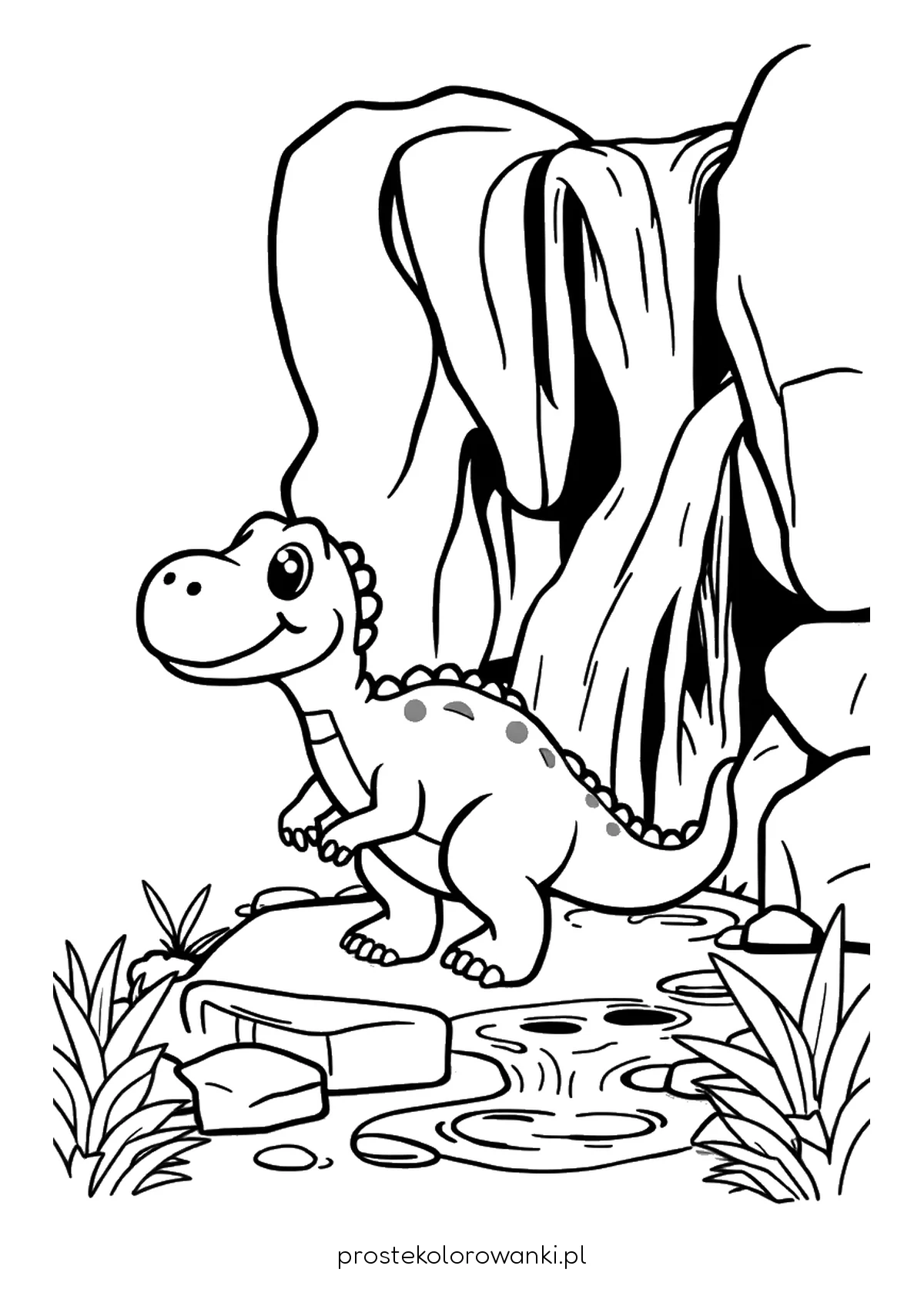 Dinozaur na kamieniu przy wodospadzie