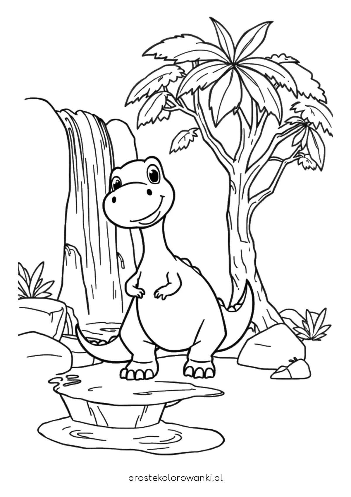 Dinozaur nad strumykiem przy palmie