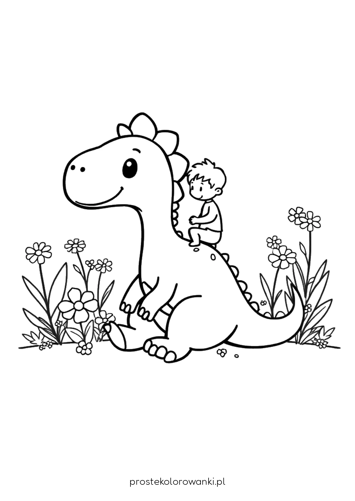 Dinozaur i chłopiec wśród polnych kwiatów