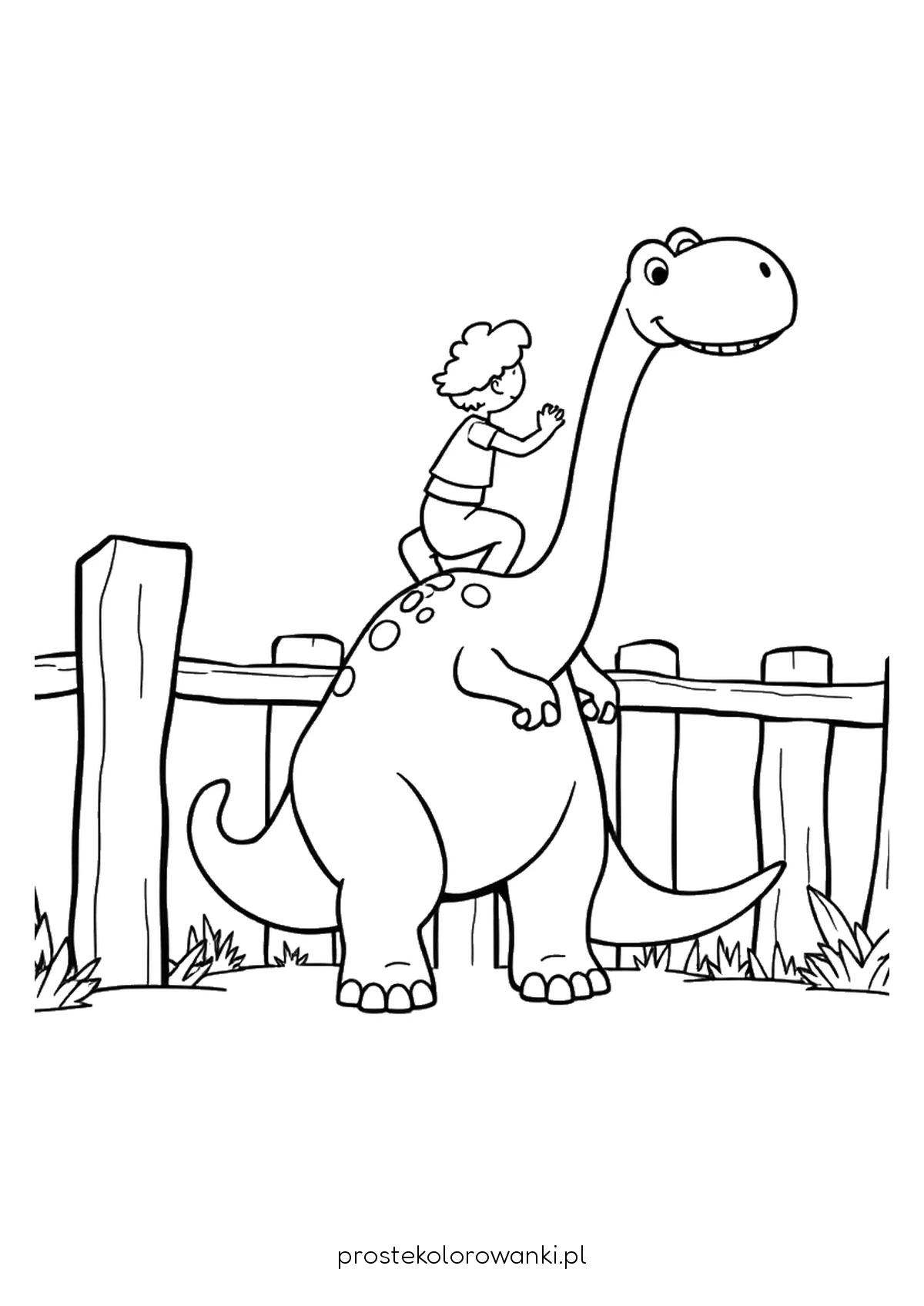 Dinozaur z chłopcem przy drewnianym płocie