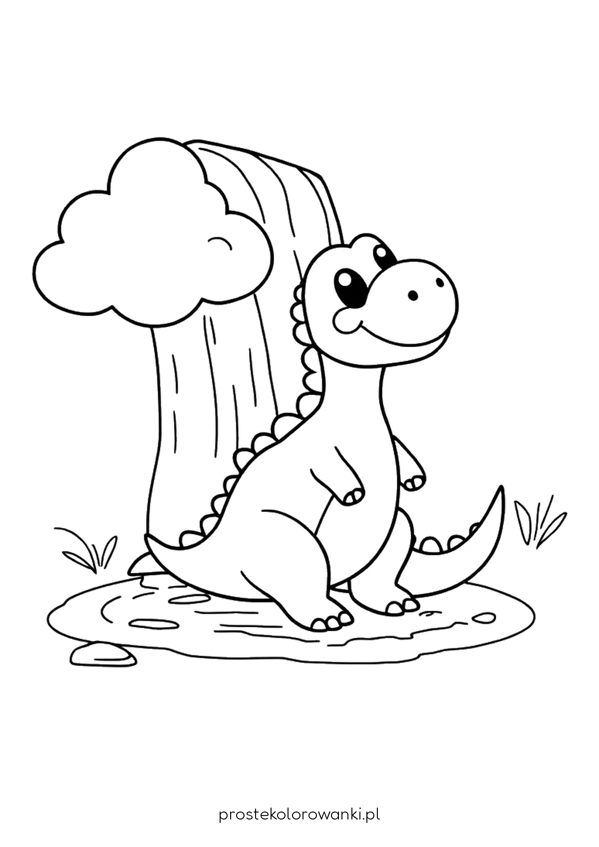 Mały dinozaur kąpiący się przy skałce