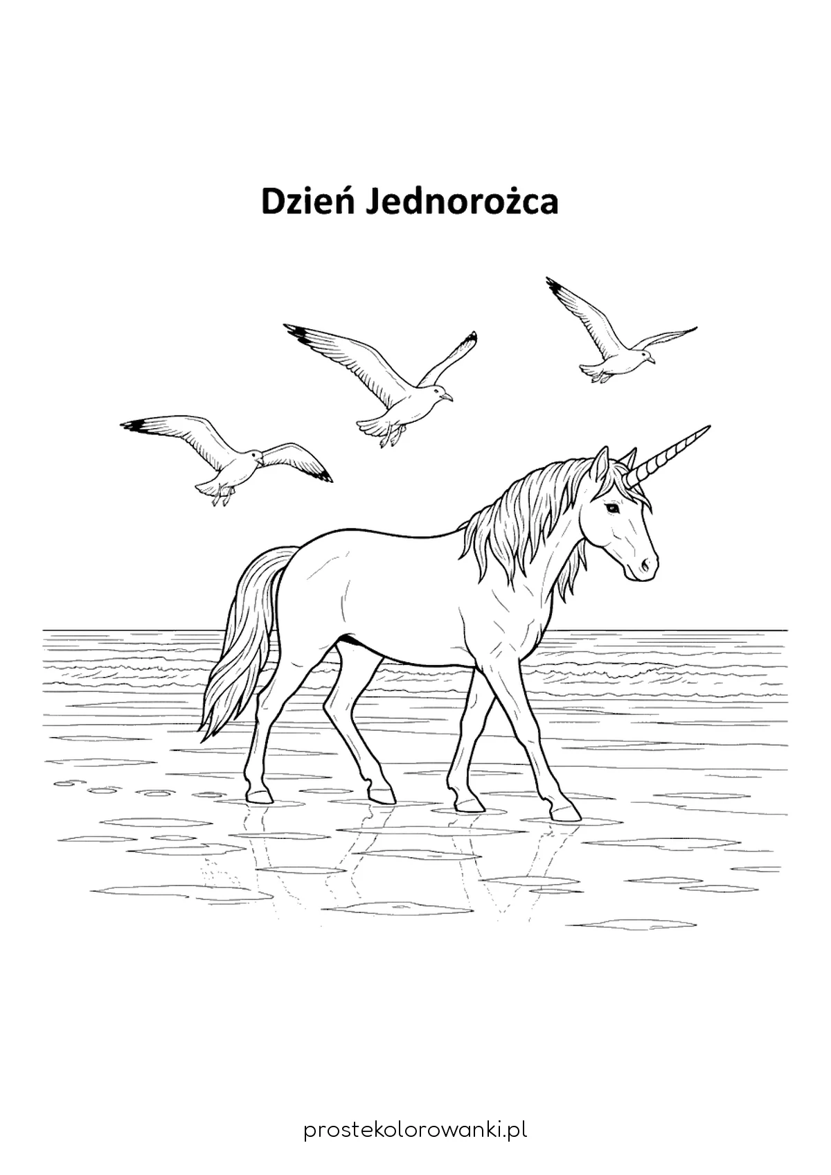 Jednorożec i mewy nad brzegiem morza