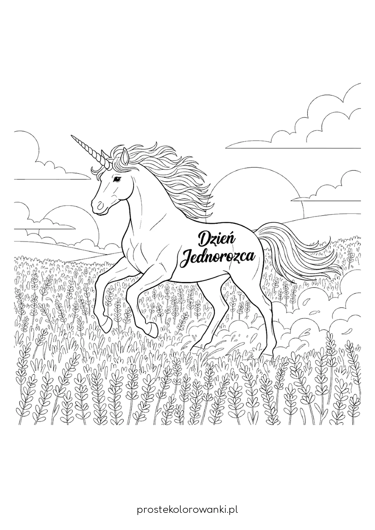 Jednorożec galopujący przez łąkę