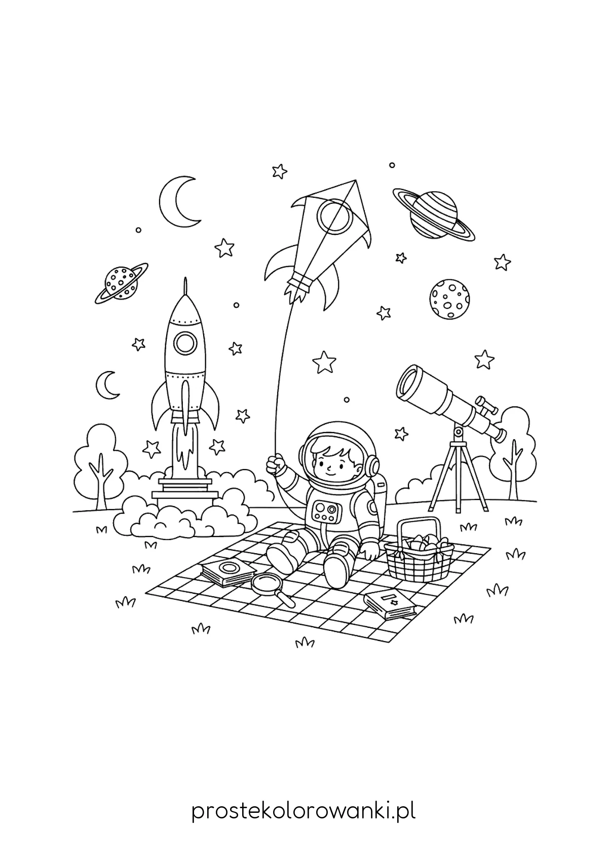 Astronauta w skafandrze w kosmosie – kolorowanka dla dzieci A4