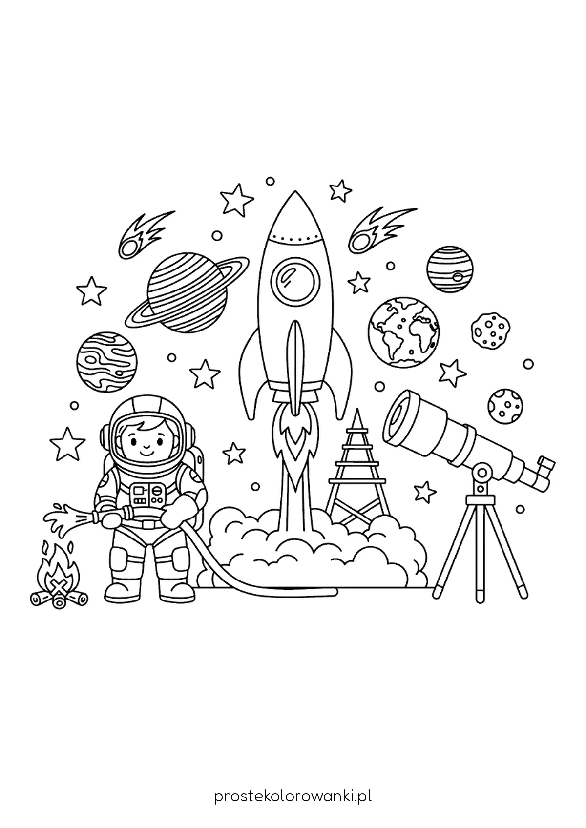 Kosmonauta strażak z gaśnicą i rakietą