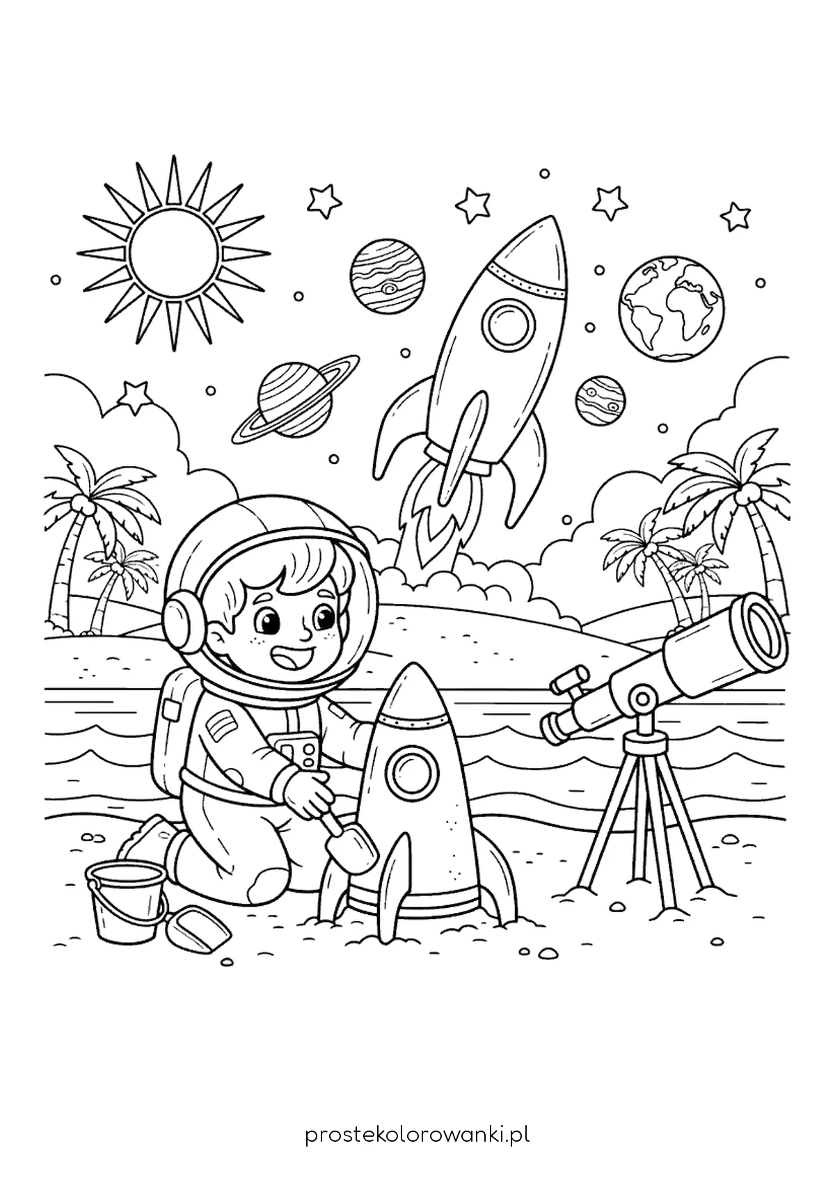 Kosmonauta na plaży pod palmami
