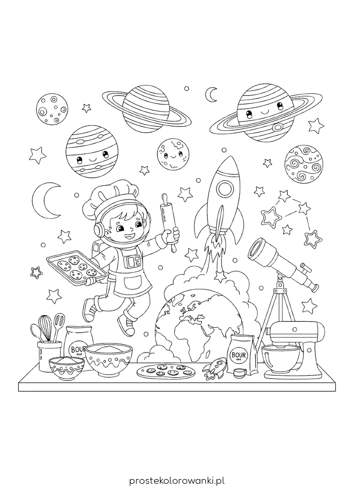 Kosmonauta piekący ciasteczka z planetami