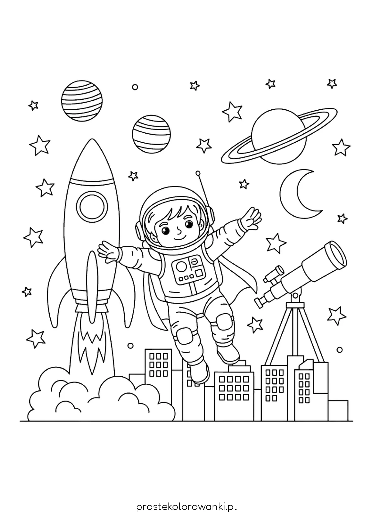 Mały kosmonauta lecący nad miastem