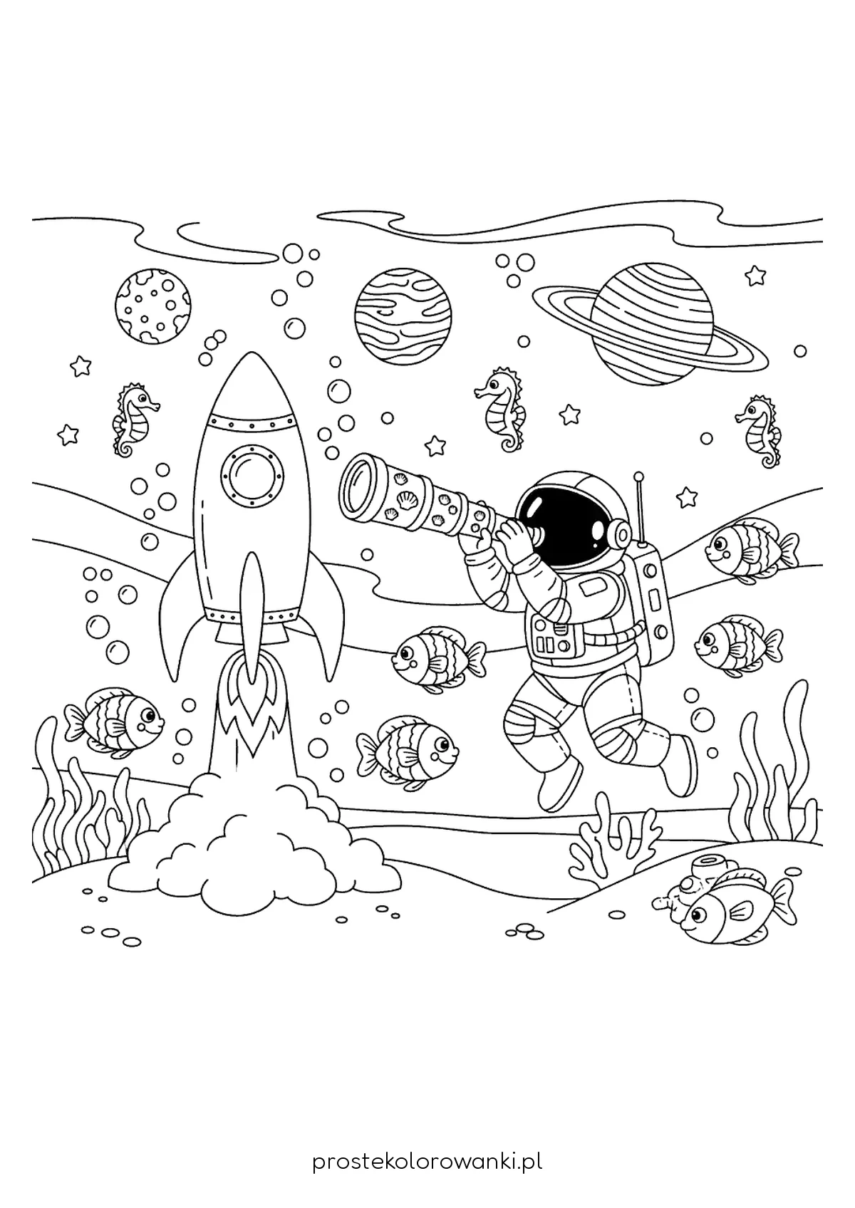 Kosmonauta nurkujący pod wodą wśród rybek