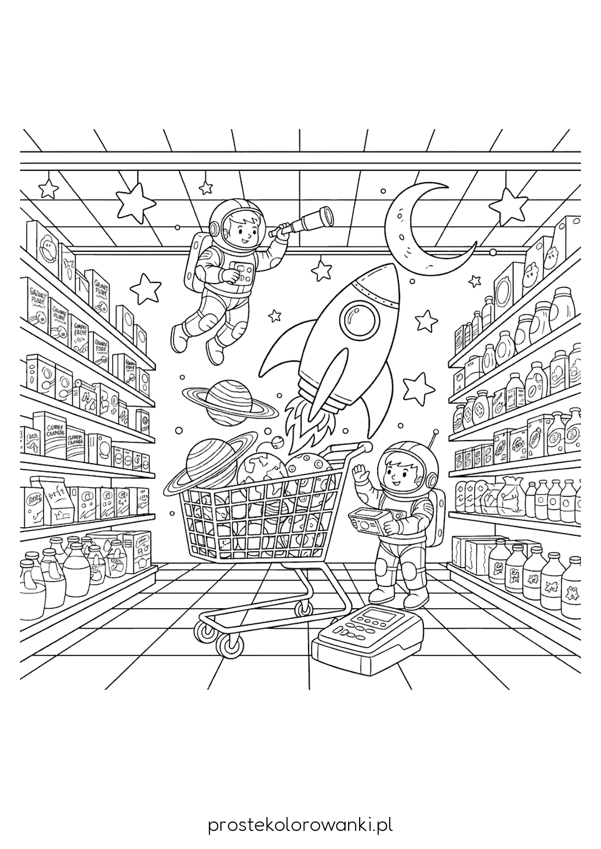 Kosmonauci robiący zakupy w supermarkecie – kolorowanka dla dzieci A4