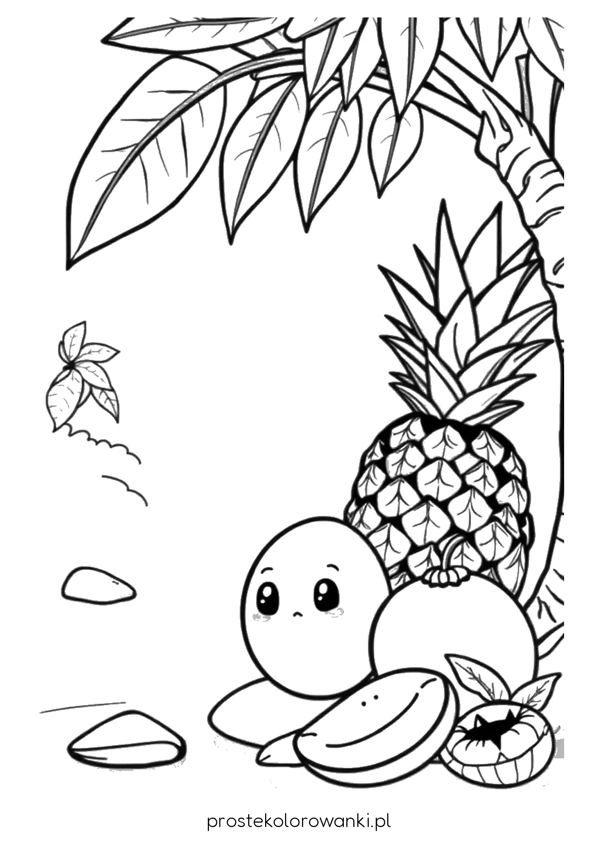 Ananas i owoce na plaży pod palmą – łatwa kolorowanka z grubym obrysem A4