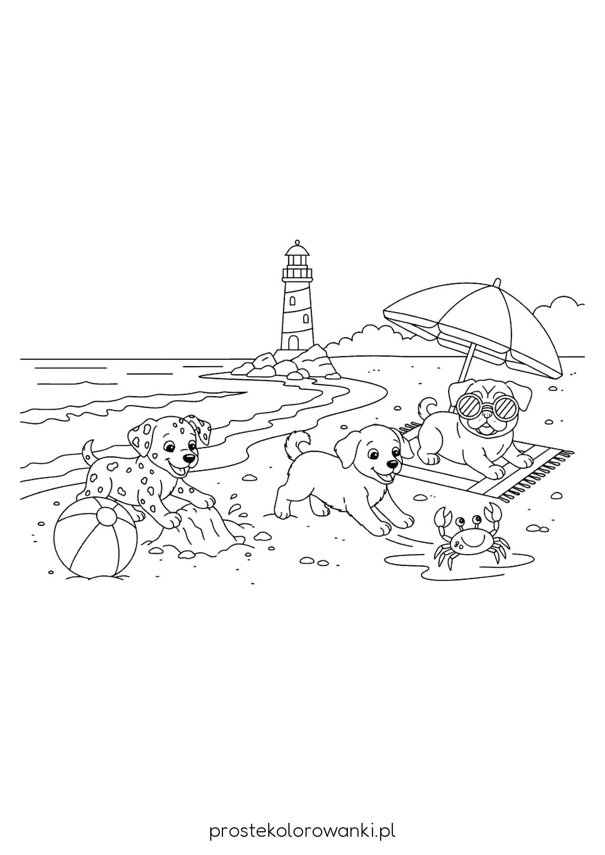 Pieski na plaży przy latarni morskiej – kolorowanka do druku A4