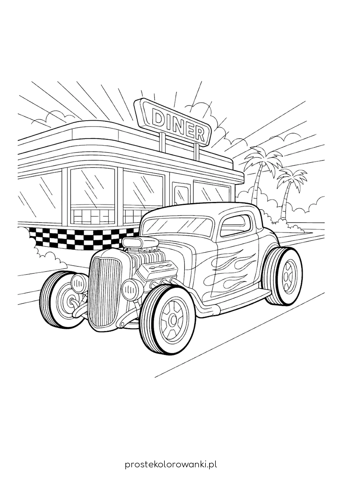 Hot rod z płomieniami przed dinerem