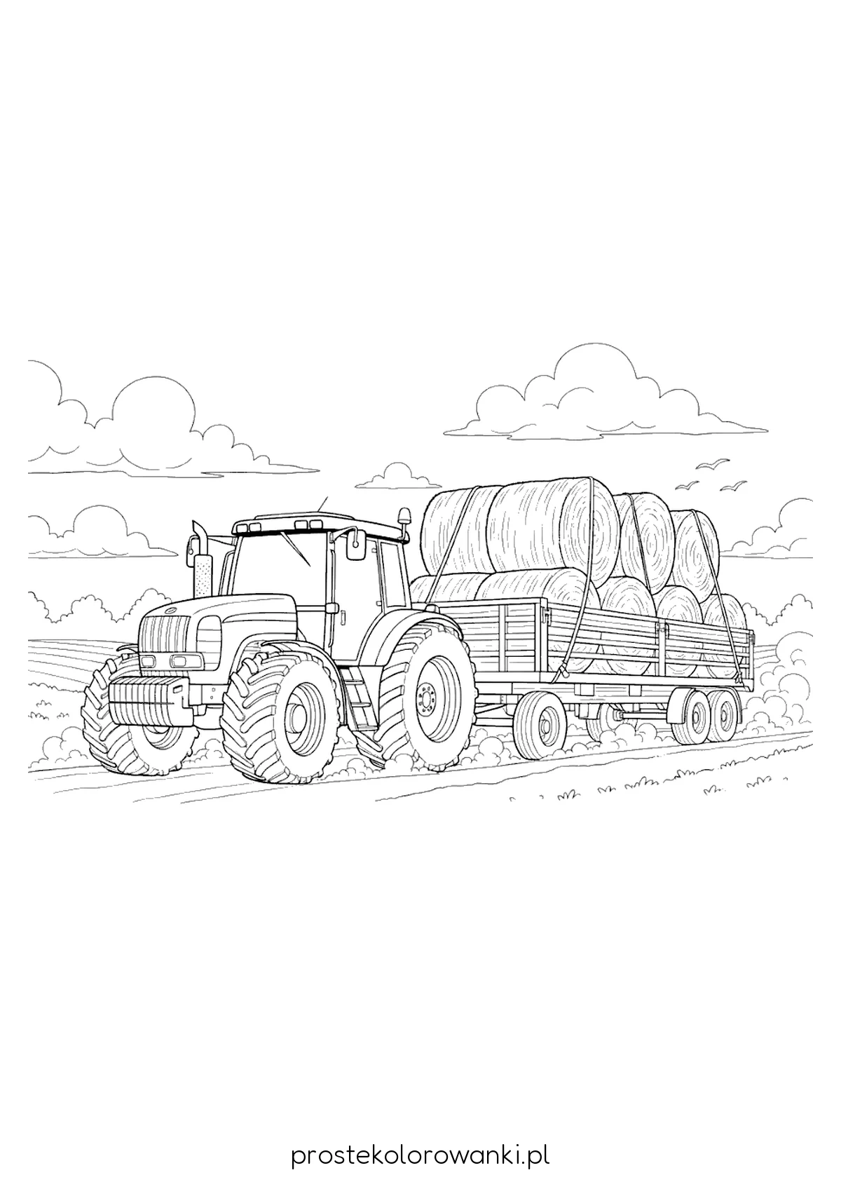 Traktor wiozący duże bele siana – kolorowanka do druku A4
