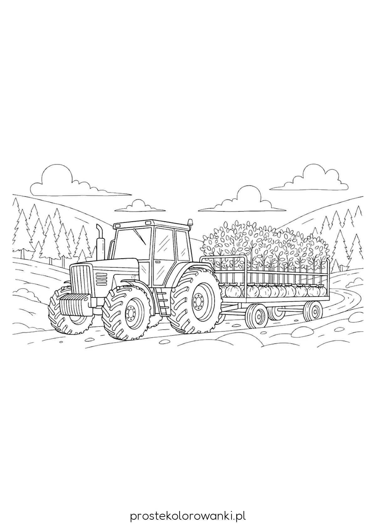 Traktor wiozący drewno z lasu – kolorowanka do druku A4